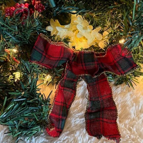 2pc 20" Red Tartan Plaid Bow White Flower Wreath Matching 18ft Pinecone Garland - Picture 5 of 14